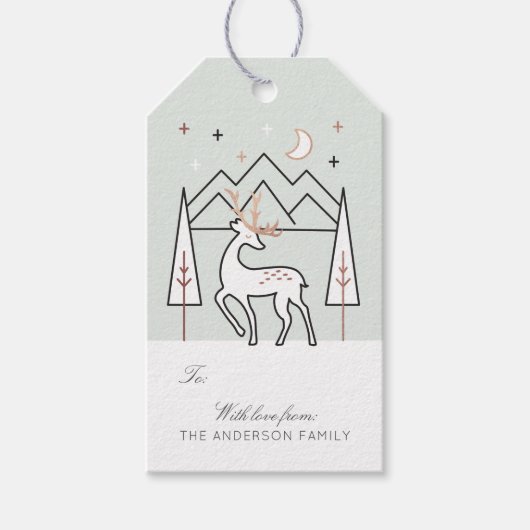 Groen Roos Goud Modern Elegant Rendier 's nachts Cadeaulabel (Voorkant)