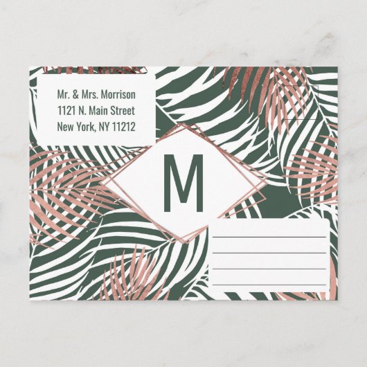 Groen Roos Goud Tropisch Palmboom Blad Dank u Uitnodiging Briefkaart (Achterkant)