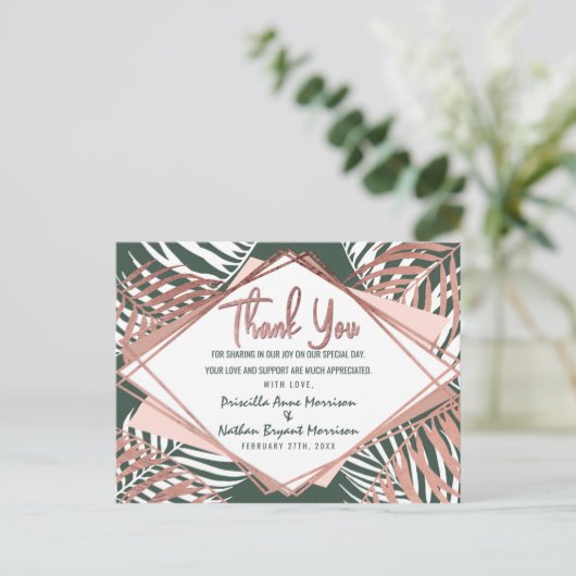 Groen Roos Goud Tropisch Palmboom Blad Dank u Uitnodiging Briefkaart (Staand voorkant)