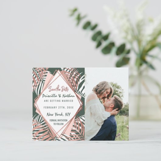 Groen Roos Goud Tropisch Palmboom Blad Save Datum Briefkaart (Staand voorkant)