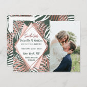 Groen Roos Goud Tropisch Palmboom Blad Save Datum Briefkaart (Voorkant / Achterkant)