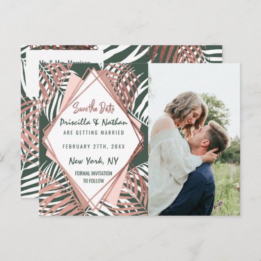 Groen Roos Goud Tropisch Palmboom Blad Save Datum Briefkaart (Voorkant / Achterkant)