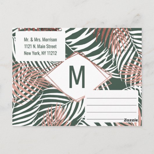 Groen Roos Goud Tropisch Palmboom Blad Save Datum Briefkaart (Achterkant)