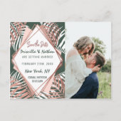 Groen Roos Goud Tropisch Palmboom Blad Save Datum Briefkaart (Voorkant)