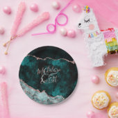 Groen & Roos Gouden Agaat Marmeren Trouwmonogram Papieren Bordje (Feest)