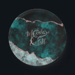 Groen & Roos Gouden Agaat Marmeren Trouwmonogram Papieren Bordje<br><div class="desc">Rich Peacock Blauwgroen Green & Elegant Roos Gold Faux Folie Waterverf Marble Agate Gilded Geode Design,  met Modern en Script lettertypen. Luxe trendy en chique trouwpapier Borden! ~ Bekijk mijn winkel om de hele trouwsuite voor dit ontwerp te zien!</div>