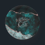 Groen & Roos Gouden Agaat Marmeren Trouwmonogram Papieren Bordje<br><div class="desc">Rich Peacock Blauwgroen Green & Elegant Roos Gold Faux Folie Waterverf Marble Agate Gilded Geode Design,  met Modern en Script lettertypen. Luxe trendy en chique trouwpapier Borden! ~ Bekijk mijn winkel om de hele trouwsuite voor dit ontwerp te zien!</div>