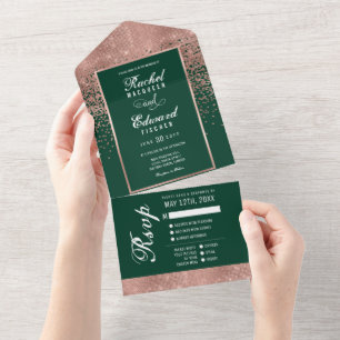 Groen Roos Gouden Glitter Confetti Wedding RSVP All In One Uitnodiging