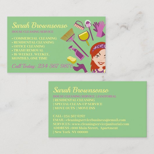 Groen Roos Haar Vrouw Janitorial Huis Schoonmaken Visitekaartje (Voorkant / Achterkant)