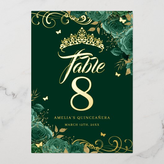 Groen Roos Swirl Quinceanera Gouden Tafelnummer (Voorkant)