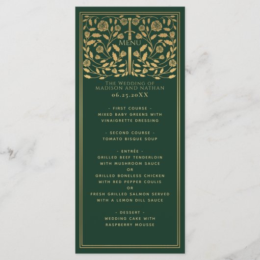 Groen Royal Medieval Sword Wedding Flat Menu (Voorkant)