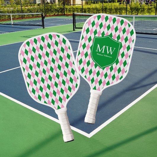 Groen Roze Argyle Monogram Pickleball Paddle