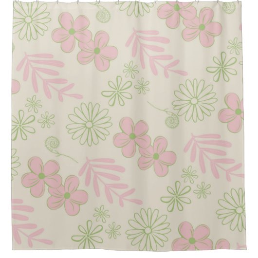 Groen Roze Beige Retro Y2K 70s Bloempatroon Douchegordijn (Voorkant)