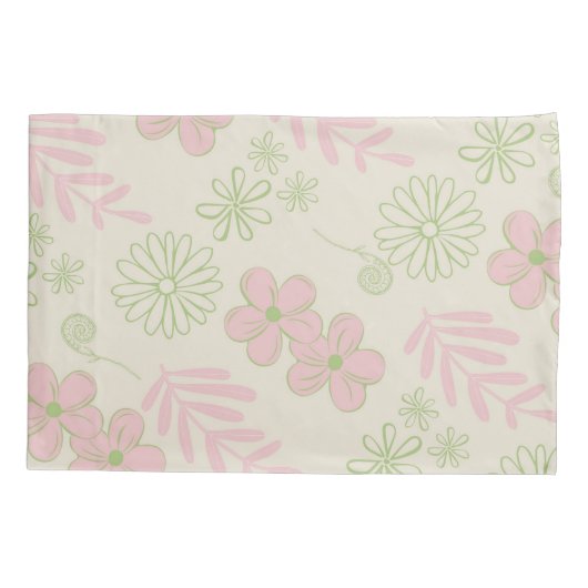 Groen Roze Beige Retro Y2K 70s Bloempatroon Kussensloop (Achterkant)