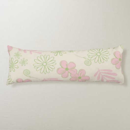 Groen Roze Beige Retro Y2K 70s Bloempatroon Lichaamskussen (Voorkant)