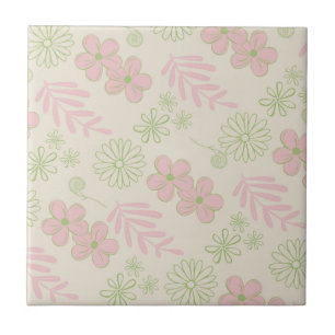 Groen Roze Beige Retro Y2K 70s Bloempatroon Tegeltje