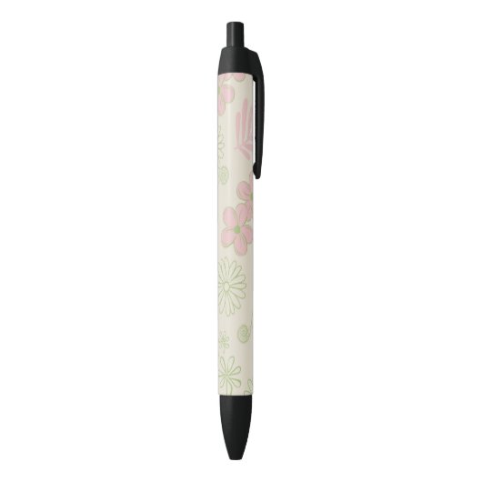 Groen Roze Beige Retro Y2K 70s Bloempatroon Zwarte Inkt Pen (Achterkant (Verticaal))