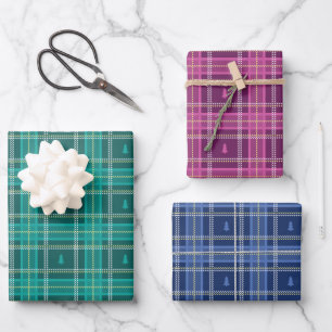 Groen, Roze, Blauw Tartan met kerstboom Inpakpapier Vel