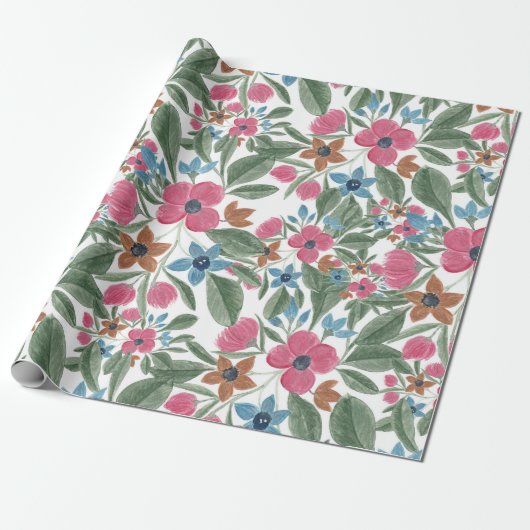  groen roze blauwe Waterverf Floral Patroon Cadeaupapier (Uitgerold)