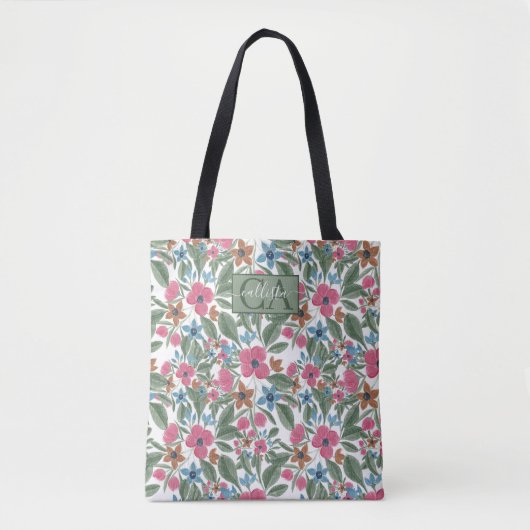  groen roze blauwe Waterverf Floral Patroon Tote Bag (Voorkant)