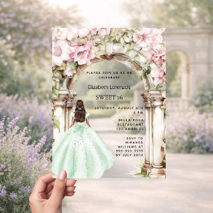 Groen roze bloemen boog jurk duidelijk Sweet 16 Acryl Uitnodigingen