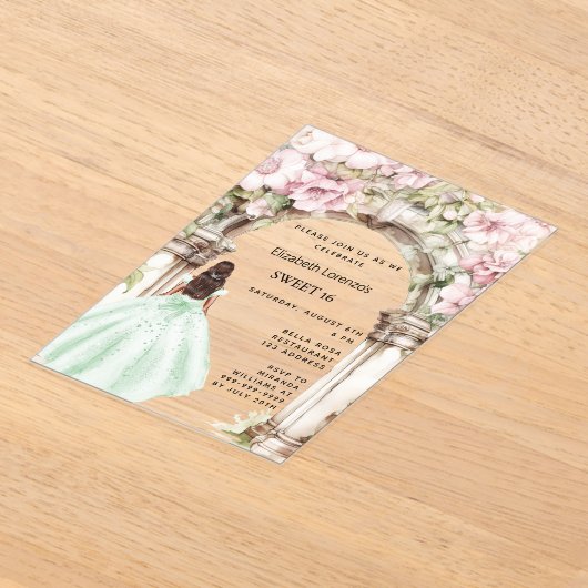 Groen roze bloemen boog jurk duidelijk Sweet 16 Acryl Uitnodigingen (Laagn)