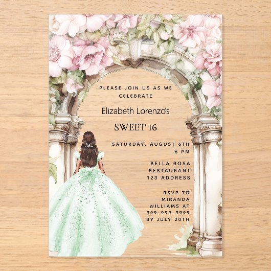 Groen roze bloemen boog jurk duidelijk Sweet 16 Acryl Uitnodigingen (Voorkant)