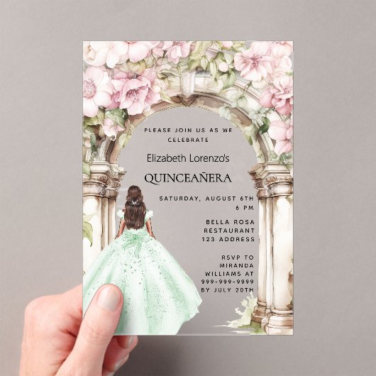 Groen roze bloemen boog jurk Quinceanera Acryl Uitnodigingen (Insitu (Draagbaar))