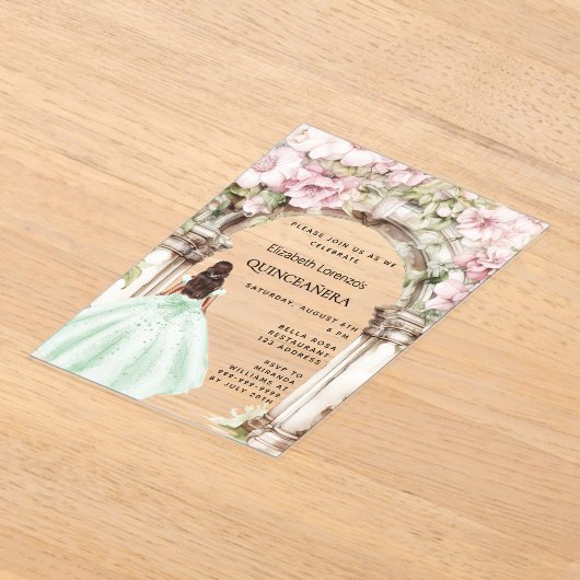 Groen roze bloemen boog jurk Quinceanera Acryl Uitnodigingen (Laagn)