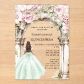 Groen roze bloemen boog jurk Quinceanera Acryl Uitnodigingen (Voorkant)