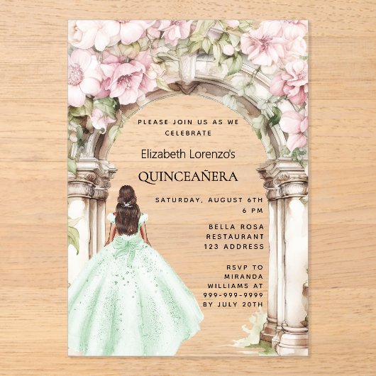 Groen roze bloemen boog jurk Quinceanera Acryl Uitnodigingen (Voorkant)
