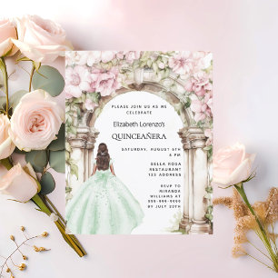 Groen roze bloemen boog Quinceanera uitnodiging
