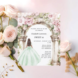 Groen roze bloemen boog Sweet 16 uitnodiging