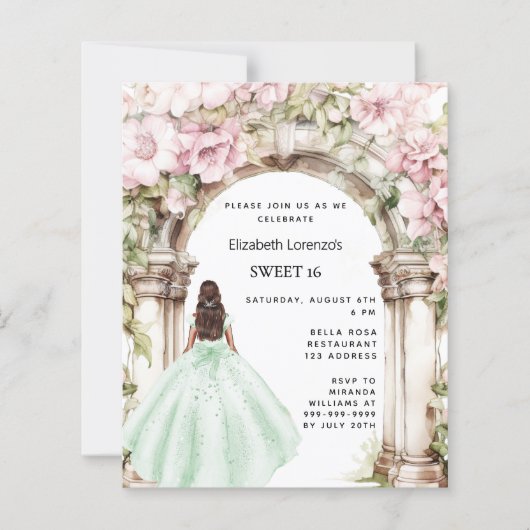 Groen roze bloemen boog Sweet 16 uitnodiging (Voorkant)