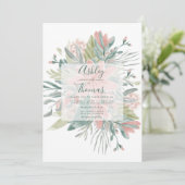 Groen roze bloemen botanische waterverf bruiloft kaart (Staand voorkant)