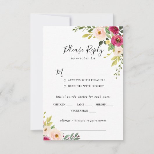 Groen Roze Bloemen Bruiloft Menu Keuze RSVP (Voorkant)