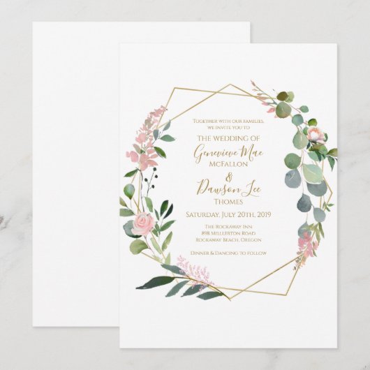 Groen Roze Bloemen Geometrische Vorm Uitnodiging (Voorkant / Achterkant)