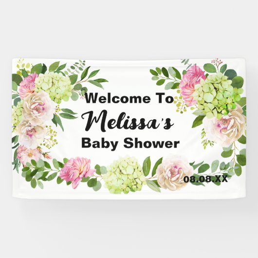 Groen Roze Bloemen Hydrangea Welkom Achtergrond Spandoek (Horizontaal)