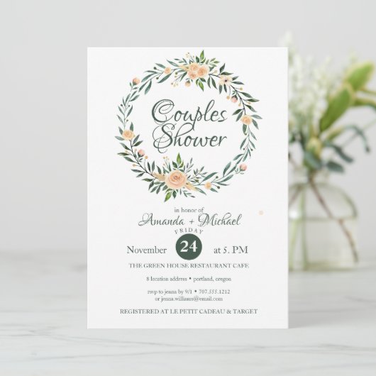 Groen Roze Bloemen Krans Paar Douche Kaart (Staand voorkant)