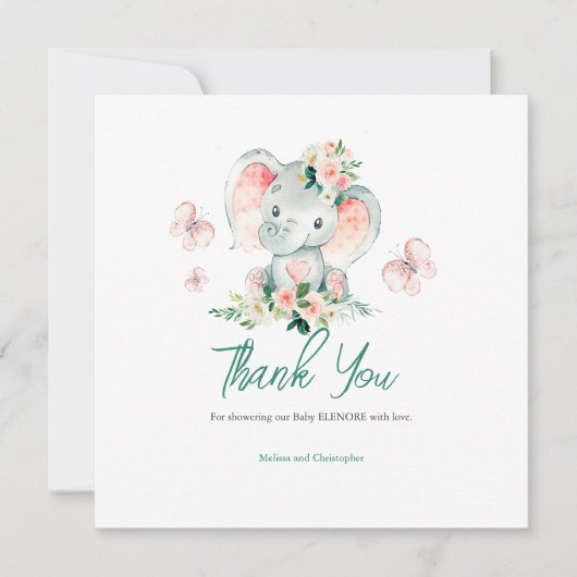 Groen Roze Bloemen Olifant Lijst Luier Raffle Bedankkaart (Voorkant)