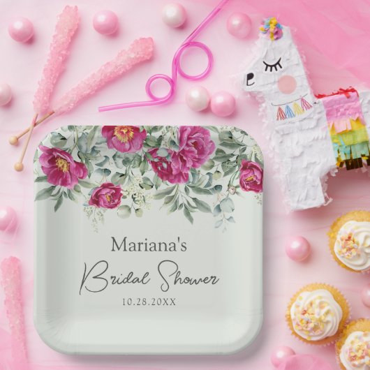 Groen Roze Bloemen op Sage Vrijgezellenfeest Papieren Bordje (Feest)