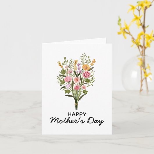 Groen Roze Bloemen Waterverf Happy Moederdag Kaart (Gele Bloem)