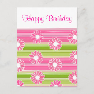 Groen roze bloemenstrepen Happy Birthday Briefkaar Briefkaart
