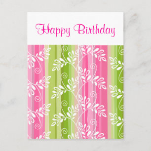 Groen roze bloemenstrepen Happy Birthday Briefkaar Briefkaart