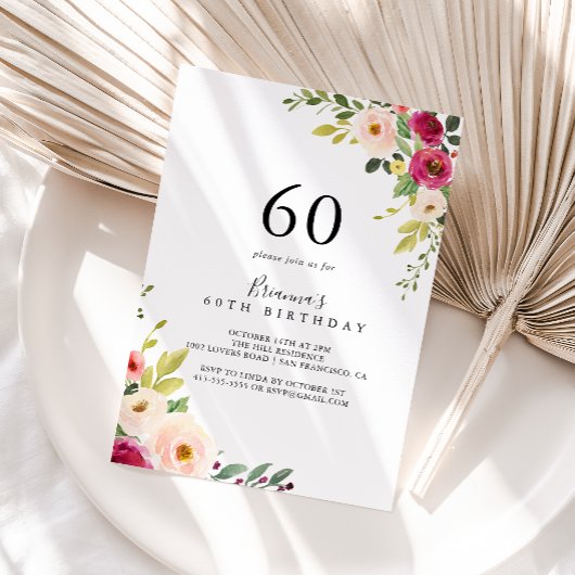 Groen Roze Blush Bloemen 60ste Verjaardagsfeest Kaart