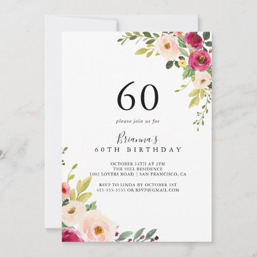 Groen Roze Blush Bloemen 60ste Verjaardagsfeest Kaart (Voorkant)