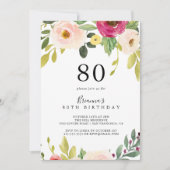 Groen Roze Blush Bloemen 80ste Verjaardagsfeest Kaart (Voorkant)