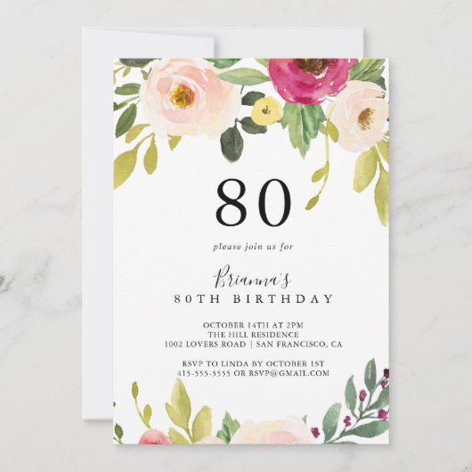 Groen Roze Blush Bloemen 80ste Verjaardagsfeest Kaart (Voorkant)