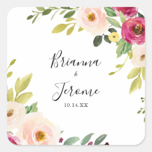 Groen Roze Blush Bloemen Bruiloft Envelop Afdichti Vierkante Sticker