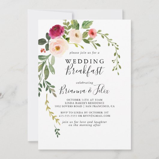 Groen Roze Blush Bloemen Bruiloft Ontbijt Kaart (Voorkant)